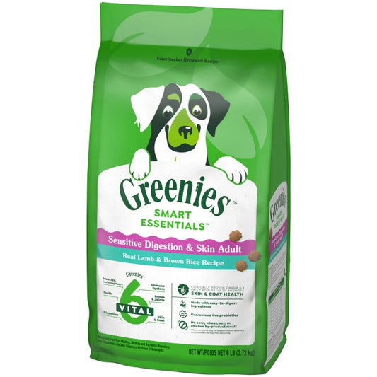 [Greenies][Greenies Smart Essentials Sensitive Digestion & Skin Dry Dog Food Real Lamb & Brown Rice, 6 lb. Bag][Image Center Right (3/4 Angle)]