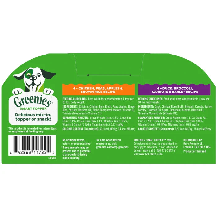 [Greenies][Greenies Smart Topper Wet Mix-In for Dogs, Chicken with Peas & Duck Variety Pack, 8 Trays of 2 oz.][Back Image]