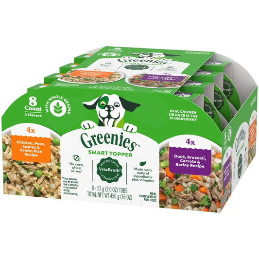 [Greenies][Greenies Smart Topper Wet Mix-In for Dogs, Chicken with Peas & Duck Variety Pack, 8 Trays of 2 oz.][Image Center Right (3/4 Angle)]