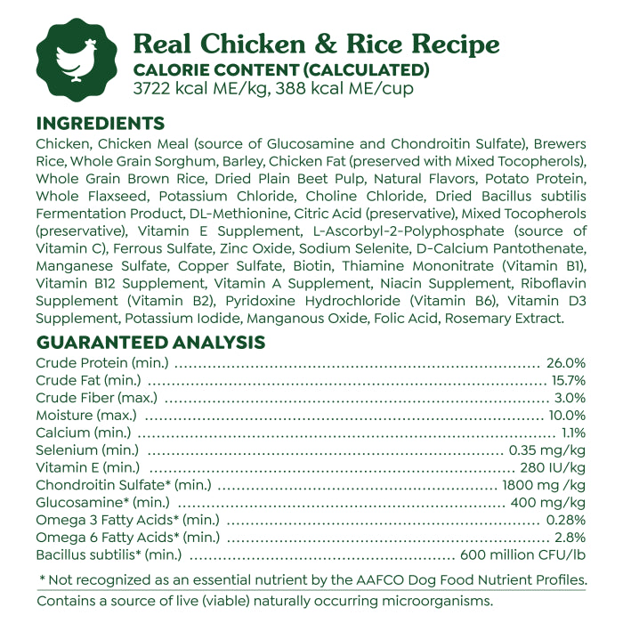 [Greenies][Greenies Smart Essentials Adult High Protein Dry Dog Food Real Chicken & Rice Recipe, 15 lb. Bag][Ingredients Image]
