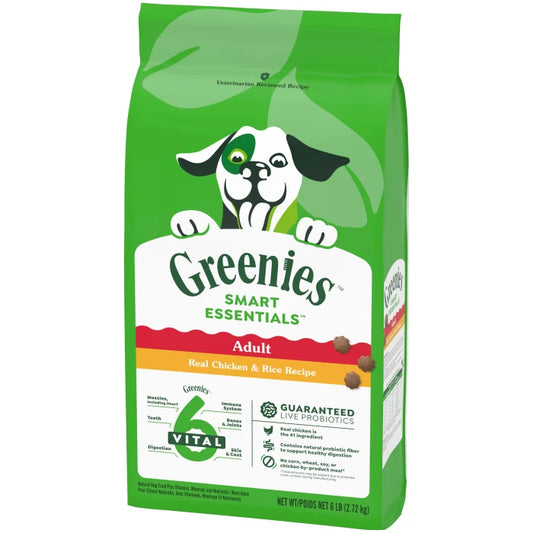 [Greenies][Greenies Smart Essentials Adult High Protein Dry Dog Food Real Chicken & Rice Recipe, 6 lb. Bag][Image Center Right (3/4 Angle)]