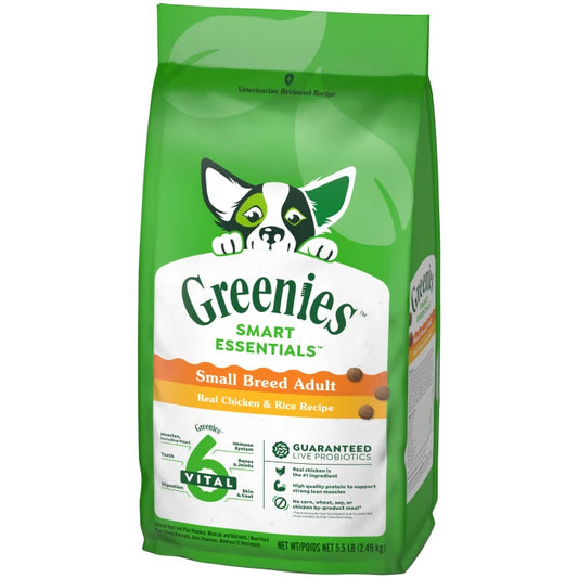 [Greenies][Greenies Smart Essentials Small Breed Adult Protein Dry Dog Food Real Chicken & Rice, 5.5 lb. Bag][Image Center Right (3/4 Angle)]
