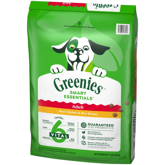[Greenies][Greenies Smart Essentials Adult High Protein Dry Dog Food Real Chicken & Rice Recipe, 15 lb. Bag][Image Center Right (3/4 Angle)]