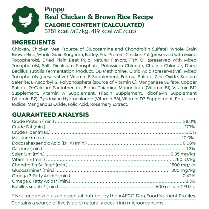 [Greenies][Greenies Smart Essentials Puppy High Protein Dry Dog Food Real Chicken & Brown Rice, 13.5 lb. Bag][Ingredients Image]