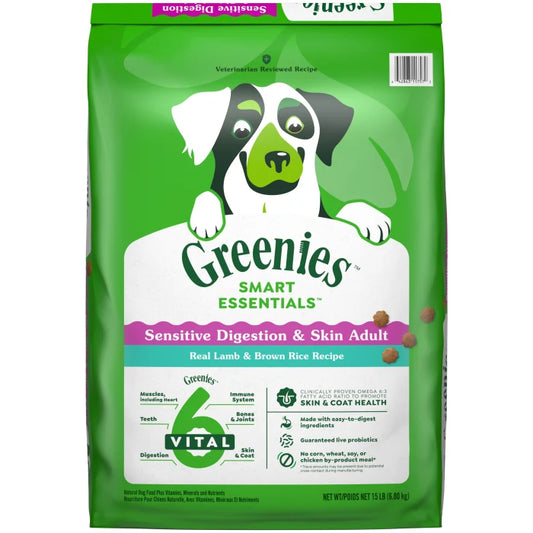 [Greenies][Greenies Smart Essentials Sensitive Digestion & Skin Dry Dog Food Real Lamb & Brown Rice, 15 lb. Bag][Main Image (Front)]