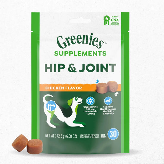 Bag of greenies hip and joint supplements for dogs in chicken flavor, showing key ingredients like glucosamine and chondroitin, with an illustration of a dog, on a light background.