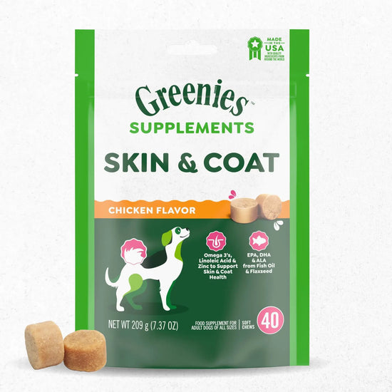 A package of greenies supplements for skin & coat in chicken flavor, highlighting omega 3 & 6, epa, dha, and fish oil benefits. the packaging shows a dog graphic and two supplement chews in front.