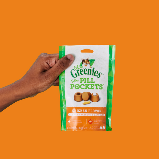 image of a hand holding a bag of feline chicken flavor pill pockets in front of a bright orange background