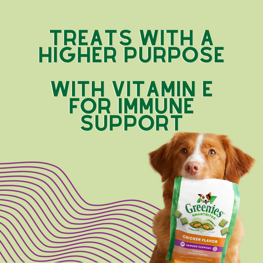Treats with a higher purpose, with vitamin e for immune support. Dog holding canine smartbites in mouth