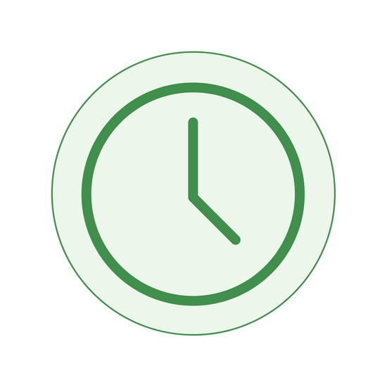 green circle with illustration of a clock inside