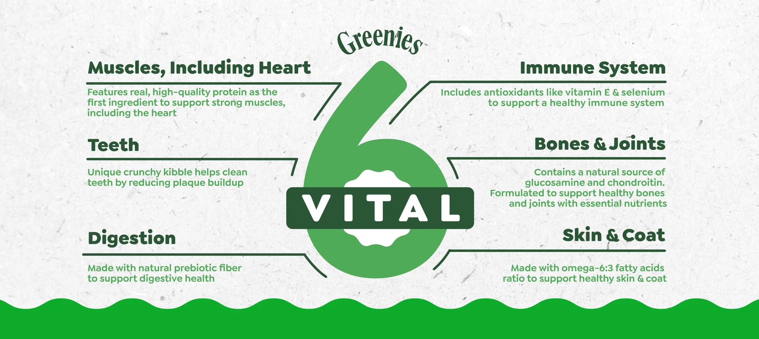 Graphic for Greenies' "Vital" pet health products, featuring a large green number 6 and text describing benefits for muscles, teeth, digestion, immune system, bones and joints, and skin and coat.