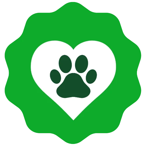 A green badge-shaped logo with a white heart in the center, containing a black paw print. the background is transparent.