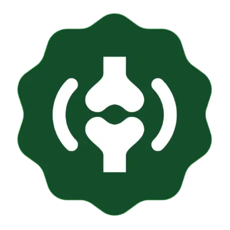 A green logo featuring a stylized white graphic representing a bone joint within embracing curves, set against a green eight-pointed star-like shape with a striped black and white pattern on the right side.