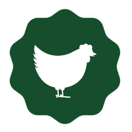 A white silhouette of a chicken centered on a dark green, vintage-style badge with scalloped edges, displayed against a striped white and black background.