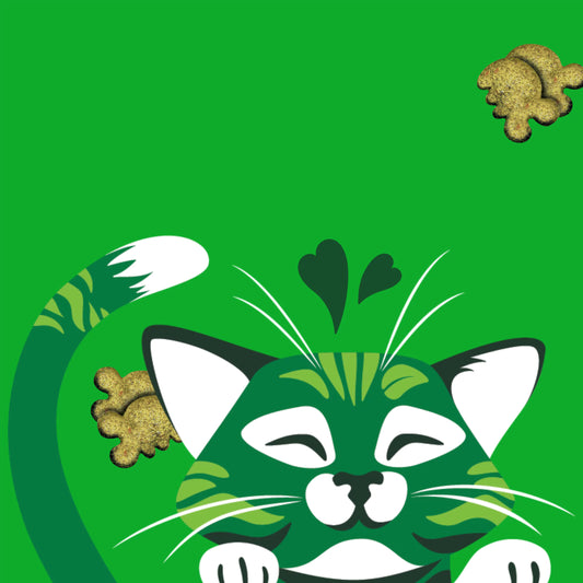 GREENIES Cat illustration character with feline dental treats in the background 