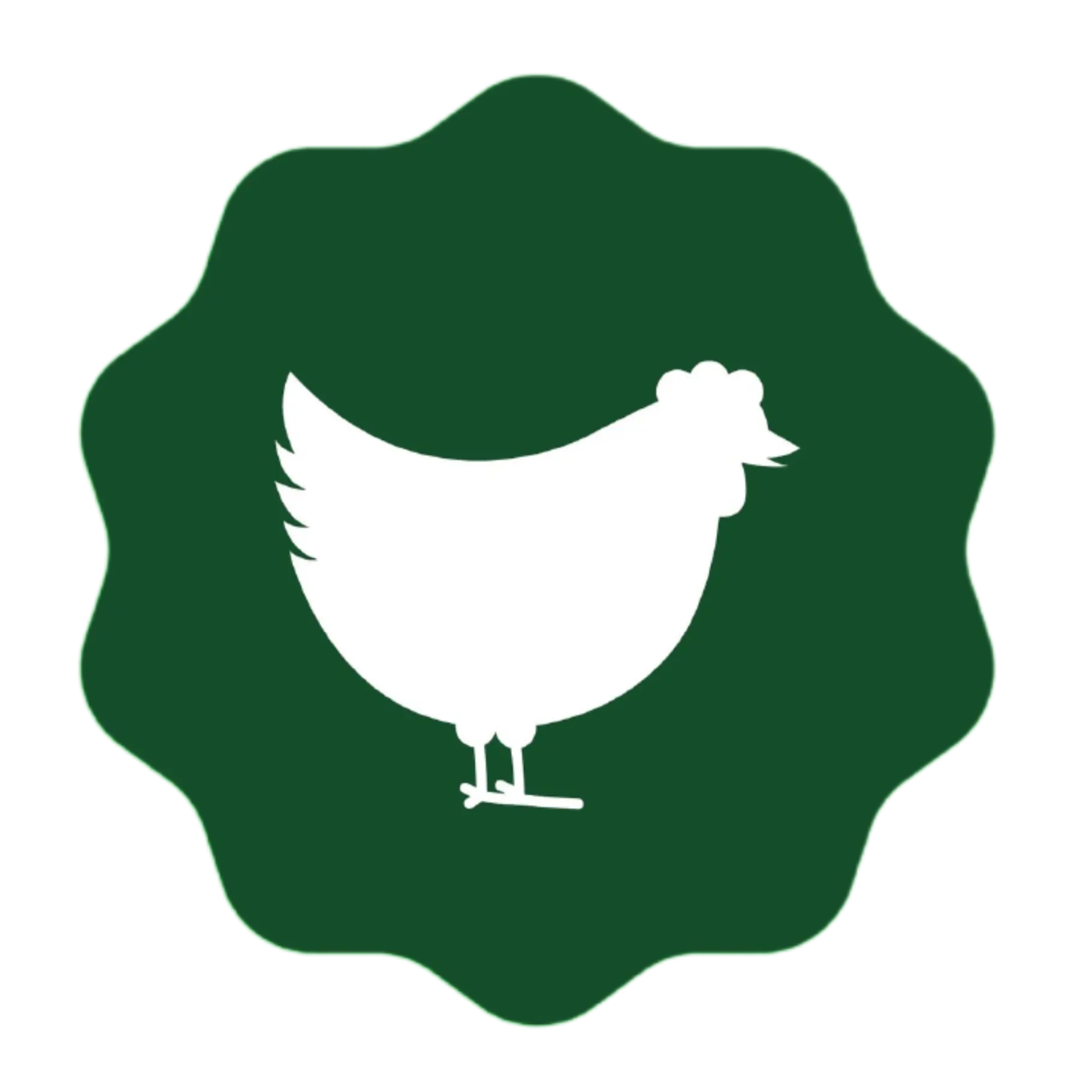 A simple white silhouette of a chicken centered on a dark green, floral-like badge shape with a subtle black-striped background on the right side.
