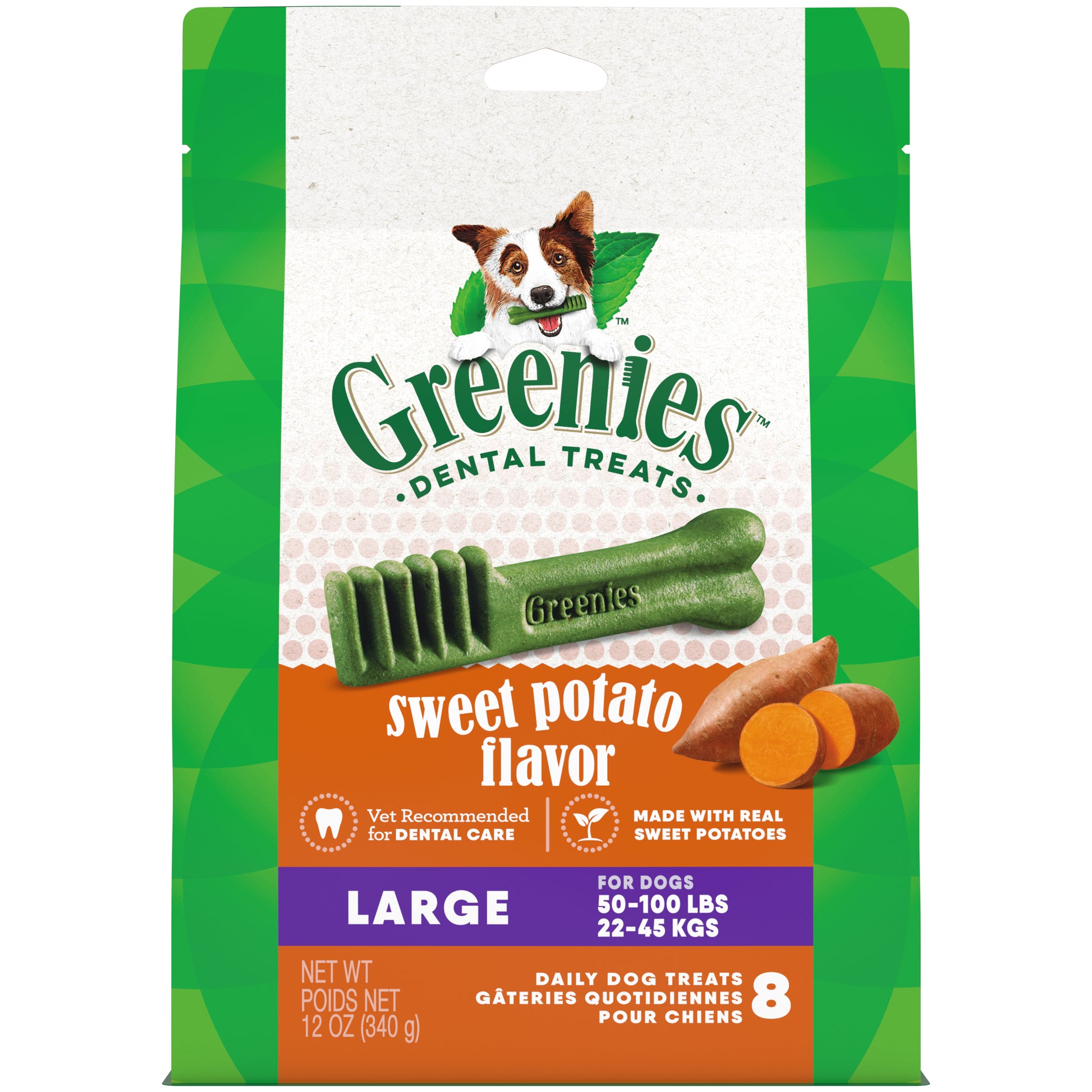 [Greenies][GREENIES Sweet Potato Flavored Large Dental Treats, 8 Count][Front]