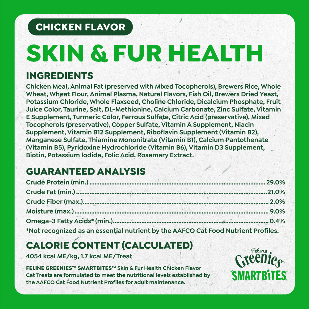 Feline SMARTBITES Chicken Flavor Skin & Fur Health Cat Treats ingredients image