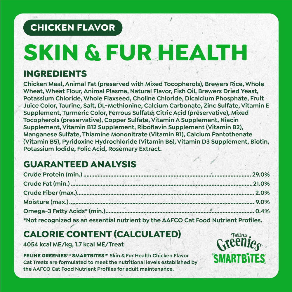 Feline SMARTBITES Chicken Flavor Skin & Fur Health Cat Treats ingredients image